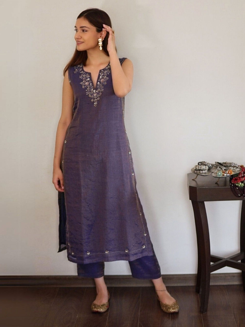 Poly Silk Embroidered Kurta Trousers With-PKSKD1345A main image 1