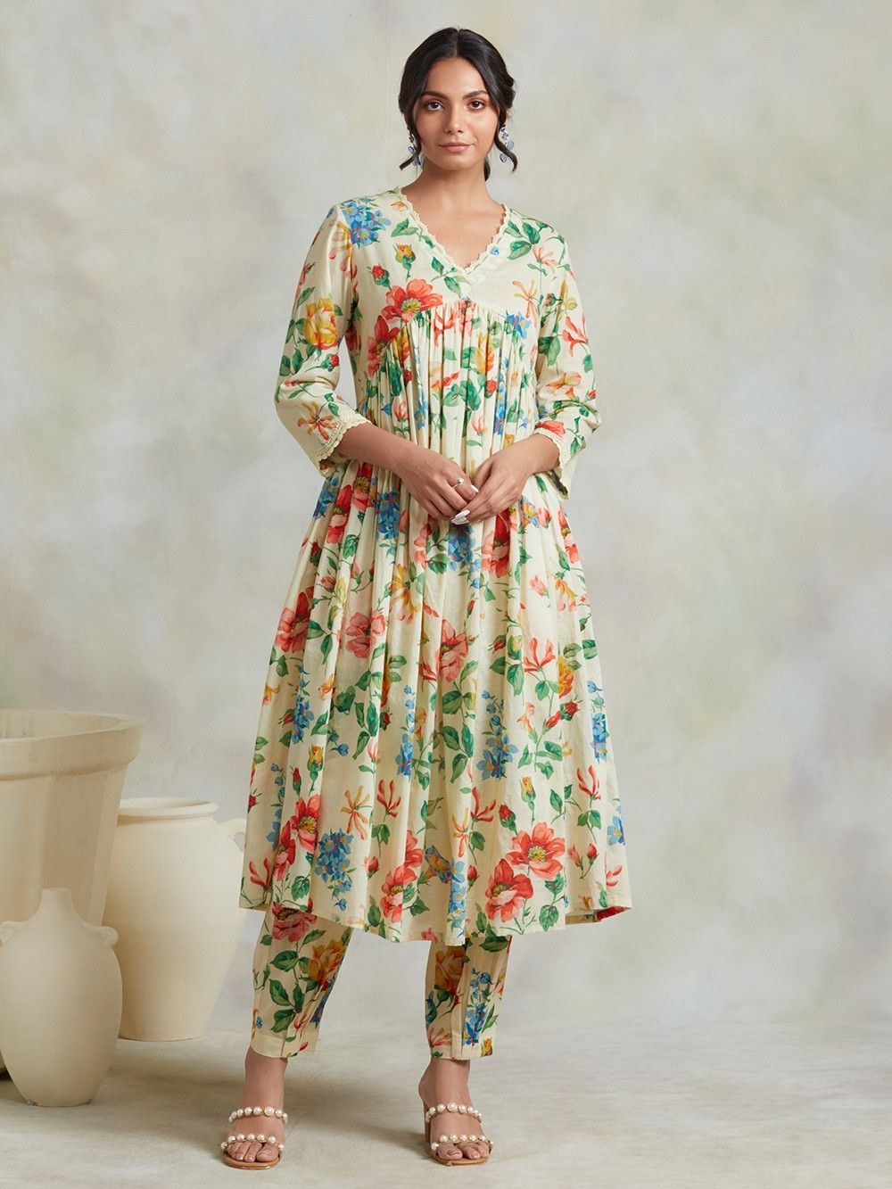 Red Floral Printed Cotton Kurta Set with Dupatta & Pants