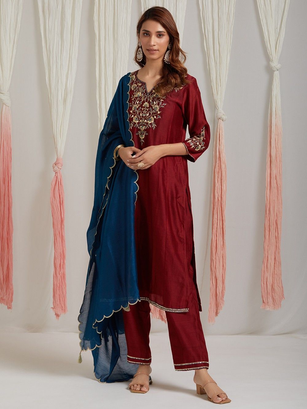 Maroon Embroidered Chanderi Silk Suit Set