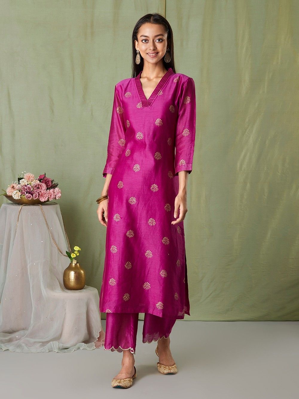 Magenta Hand Block Printed Chanderi Embroidered Suit with Sea Green Dupatta - Set of 3