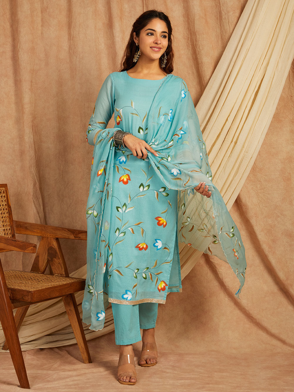 RBD041 -Alia cut Printed cotton suit in blue with printed pants. Comes with cotton dupatta.
