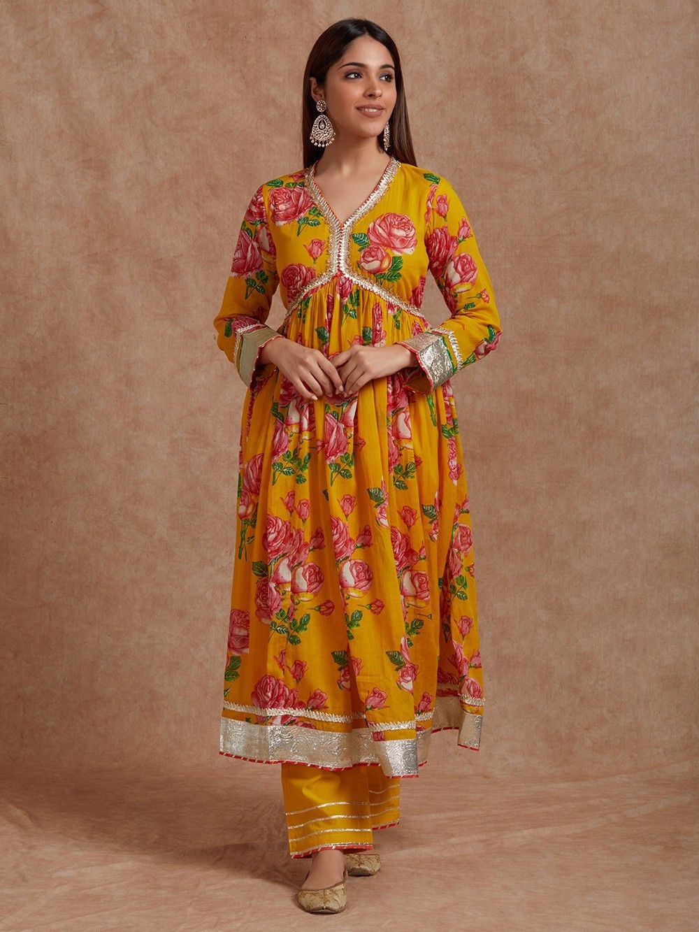 Girls Yellow & Pink Embroidered Floral Printed Kurti With Palazzos main image 0