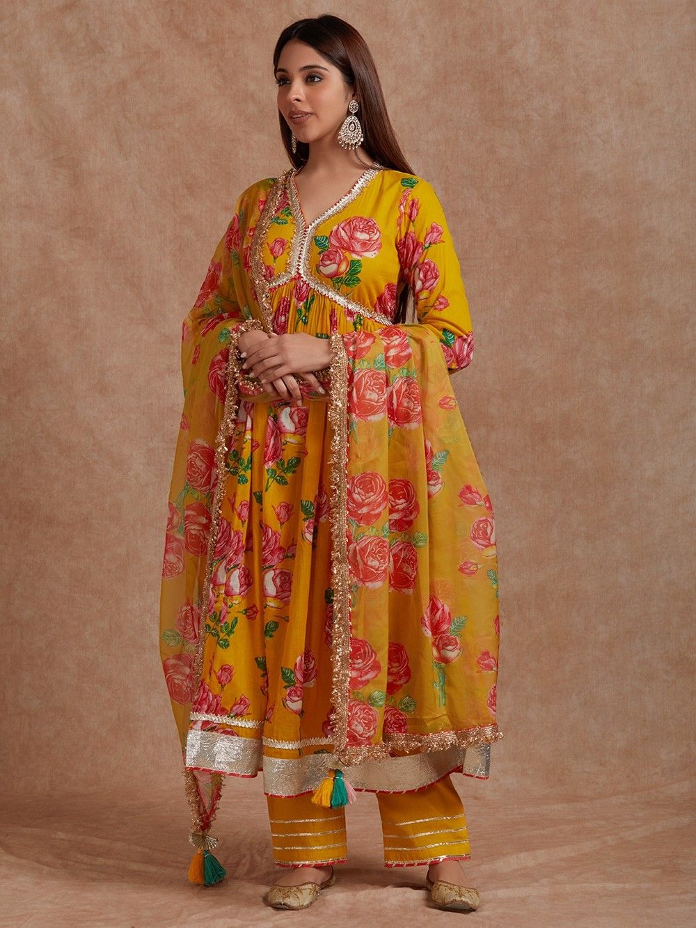 Women Multi Floral Printed Cotton Kurta with Yellow Printed Palazzo & Side Pocket main image 0