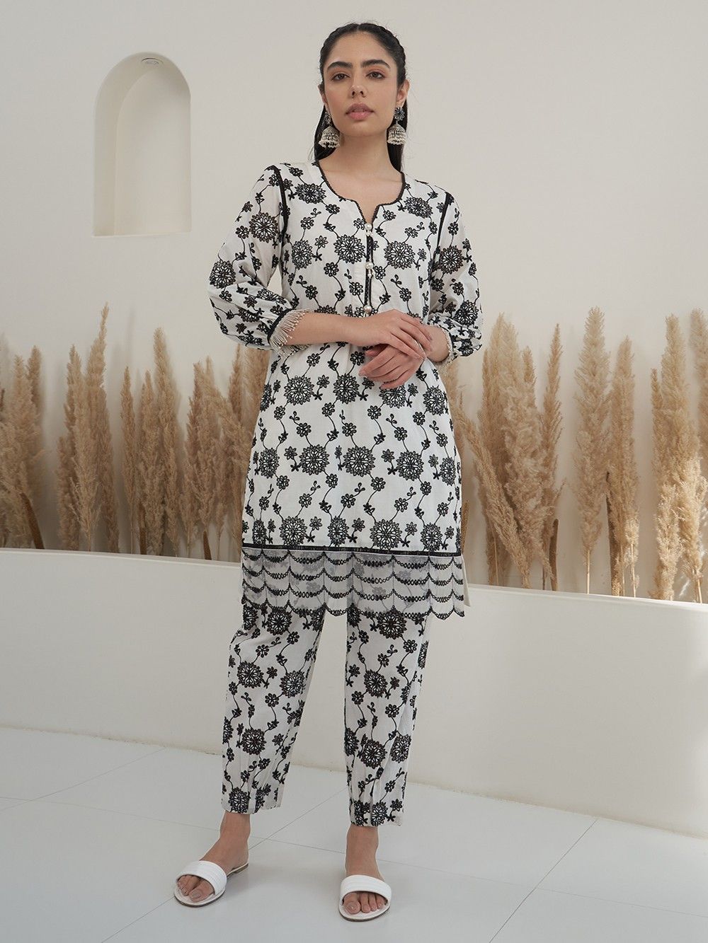 Women’s Grey Cotton Co-Ord Set – Embroidered Kurta Shirt & Straight Pants, Comfortable Ethnic Outfit main image 0