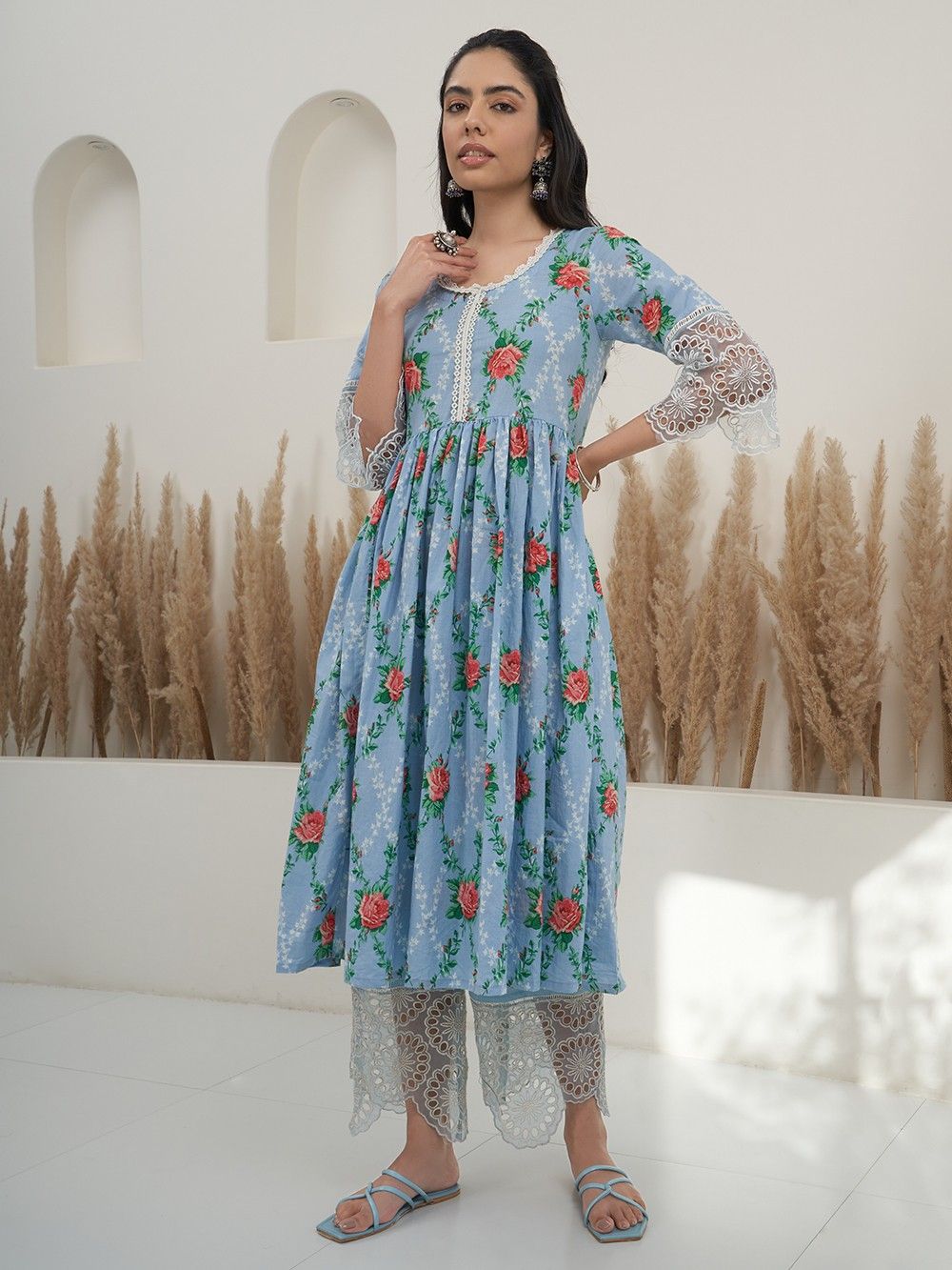 RFSS1807 - Floral Printed Summer Cotton Sleeveless Kurta With Pant (Blue floral)