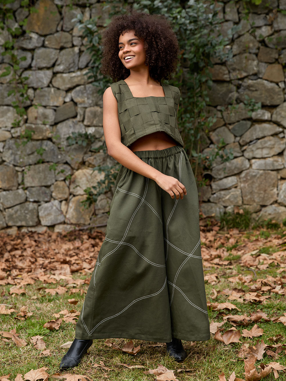 Green Cotton Tencel Top with Embroidered Palazzo- Set of 2