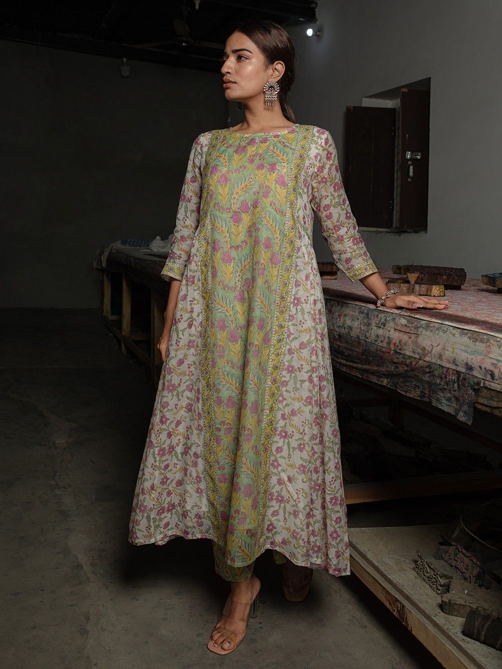 Green Floral Hand Block Printed Kurta Set With Dupatta
