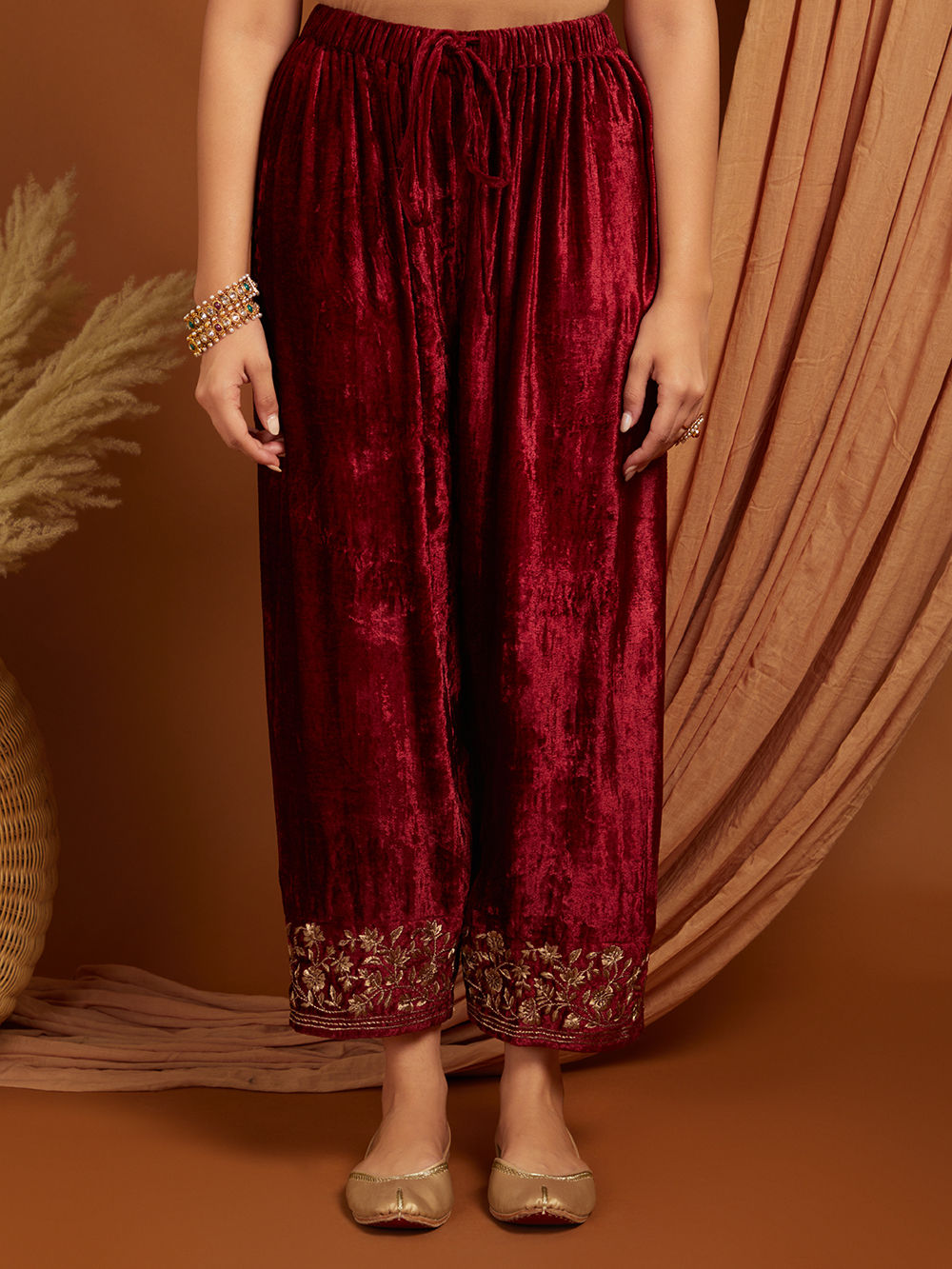 Green Embroidered Velvet Pants
