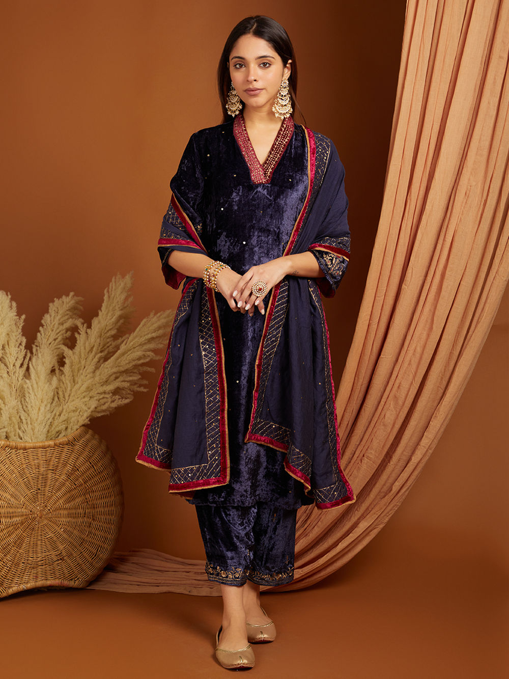 Wine Embroidered Chanderi Dupatta