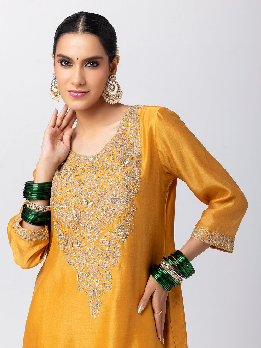 Yellow Floral Embroidered Chanderi Kurta With Pyjama
