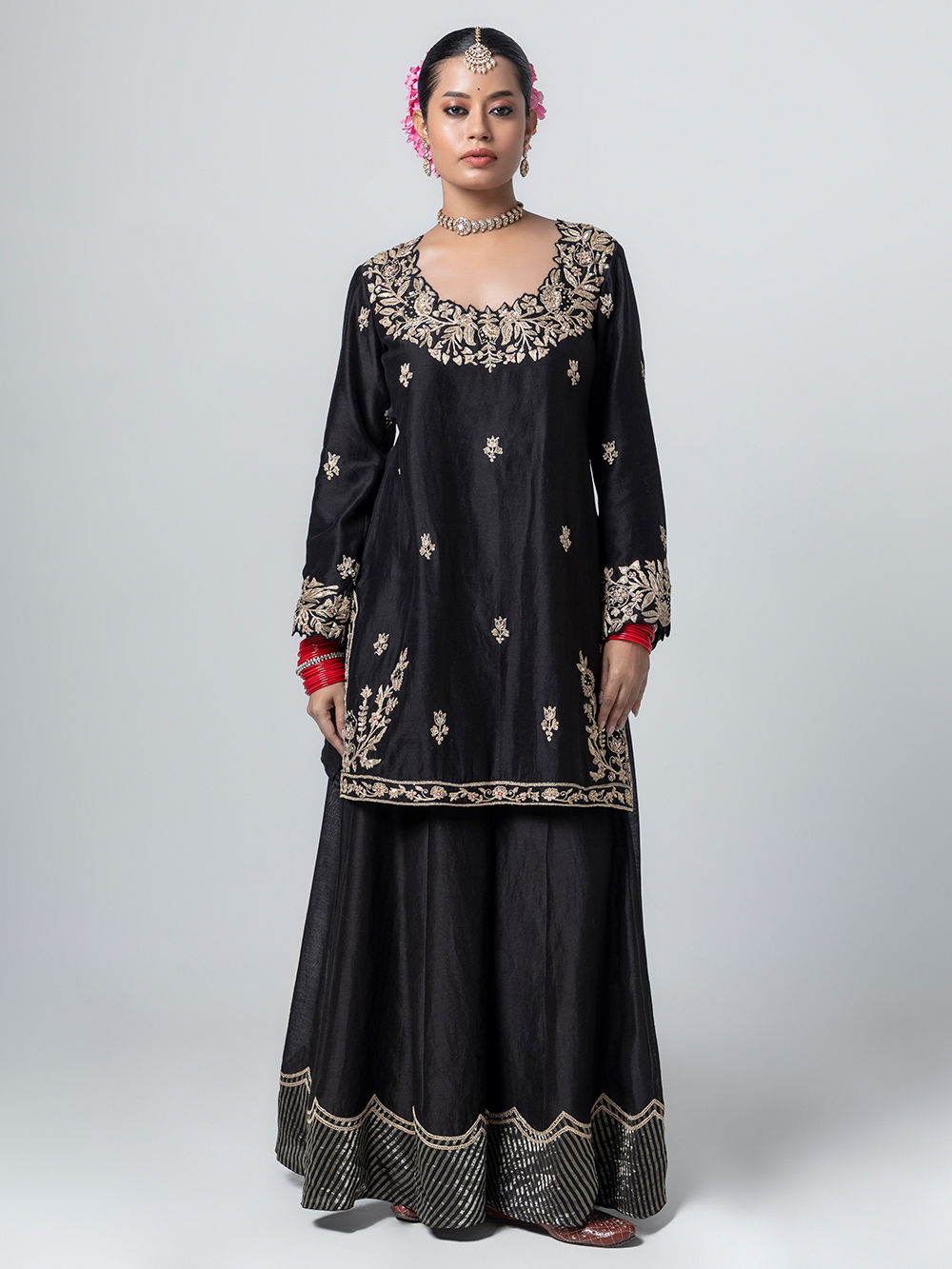 Black - Shibori Tye-Dye Chanderi Silk Kurta with Palazzo & Dupatta Set