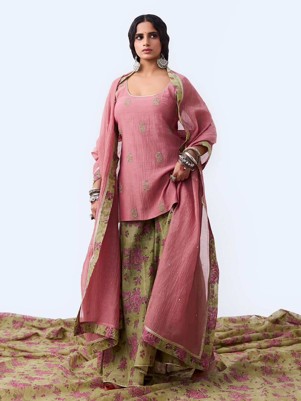 Mul Chanderi Embroidered Pink Kurti Set With Dupatta main image 0