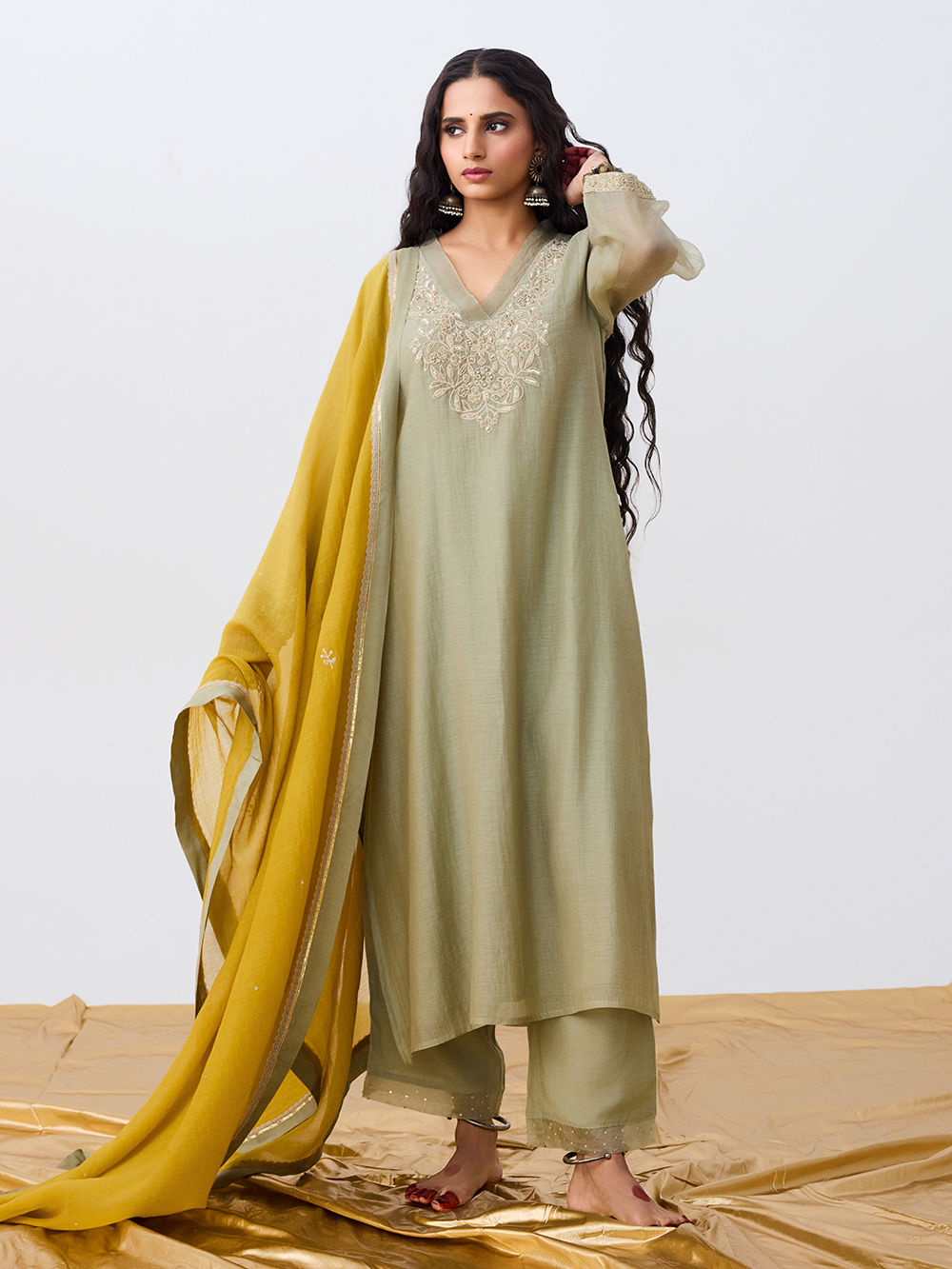 EC122  - Pastel Green Mul Chanderi Embroidered Kurti Set.