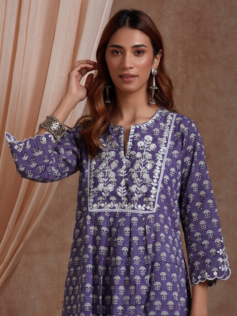 Mauve Purple Floral Block Printed Aline COTTON Kurta main image 1