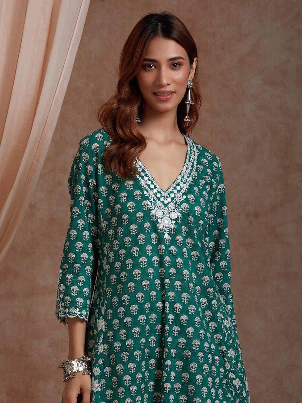 Green - Bagru Block Printed Cotton Kurta with Palazzo Set