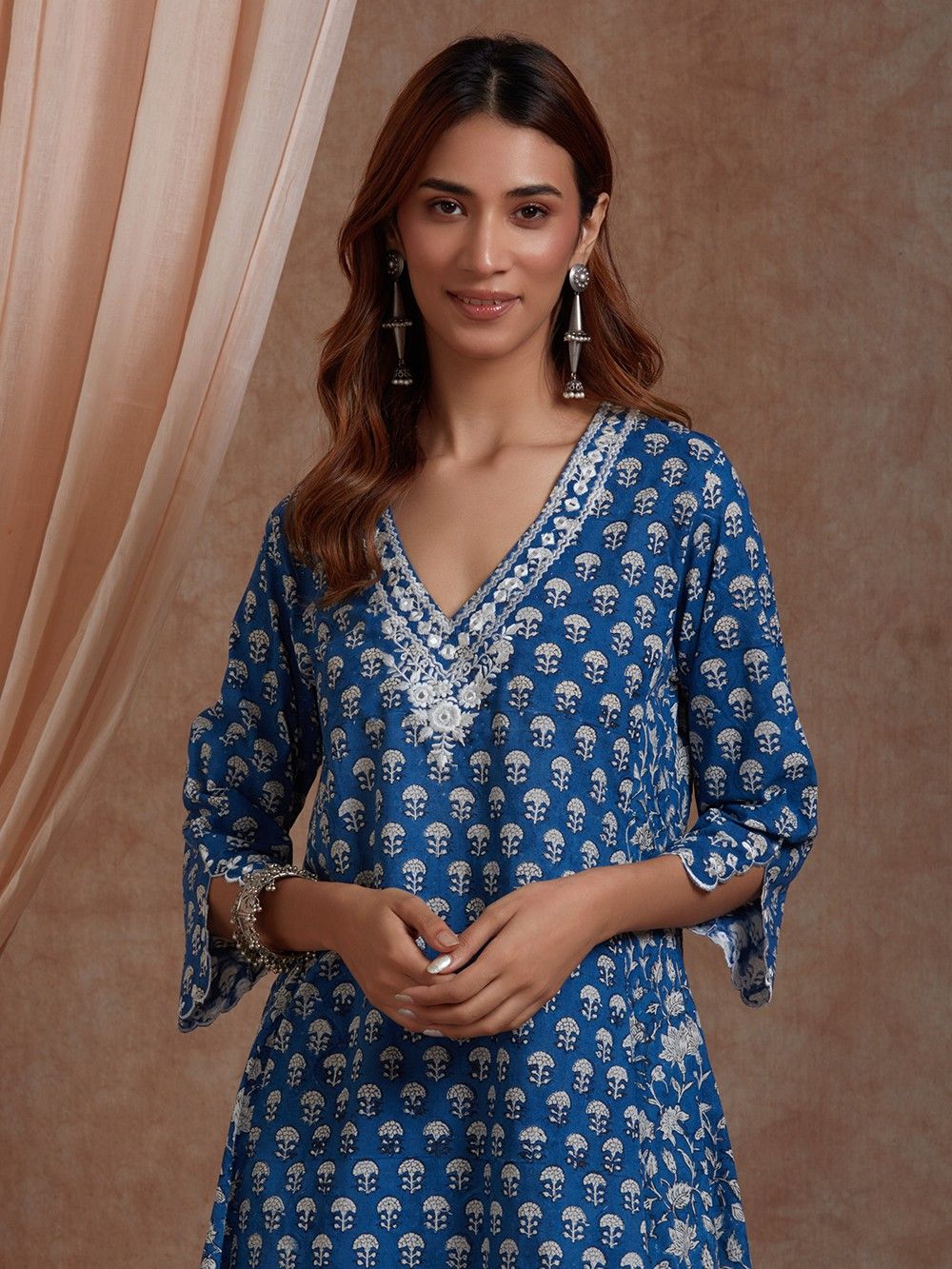 Blue - Hand Batik Printed Cotton Kurta with Palazzo Set