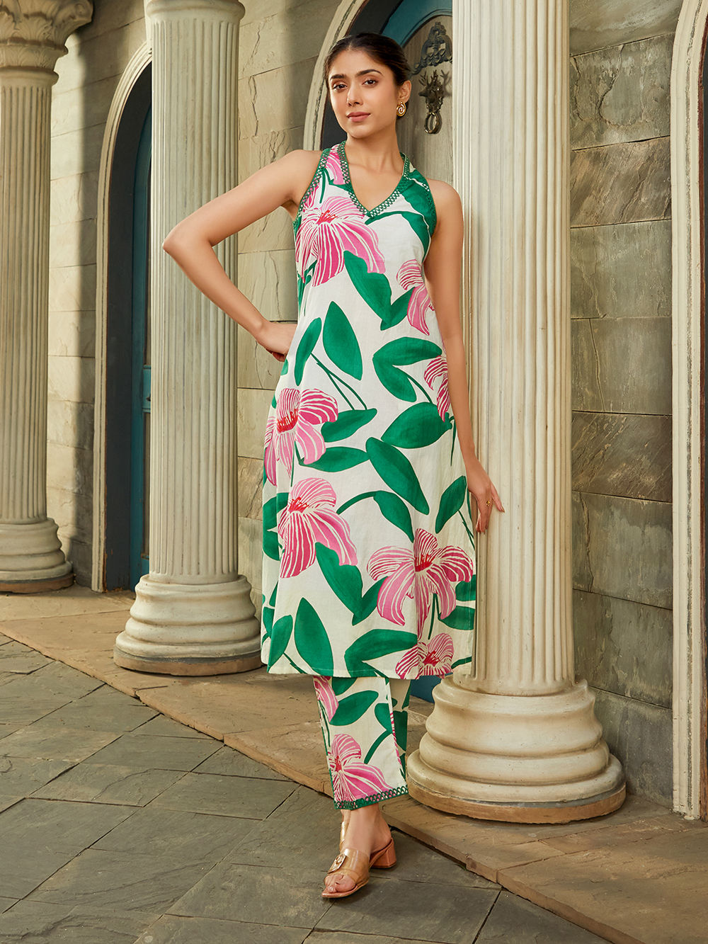 Yellow Printed Kurta And Tights Set