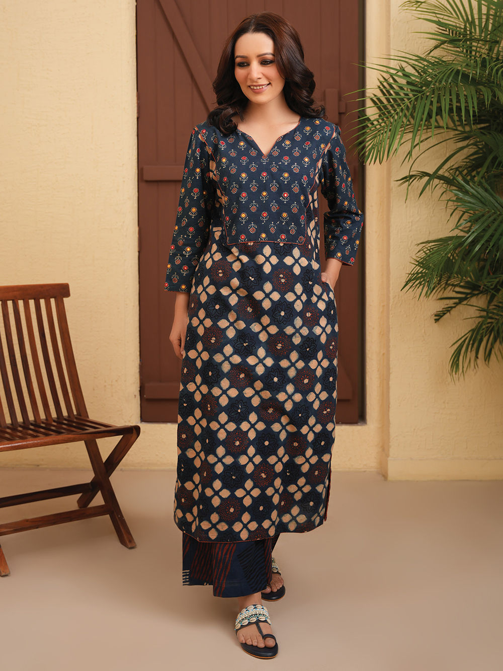 Maroon - Ajrakh Block Printed Cotton Long Kurta main image 0
