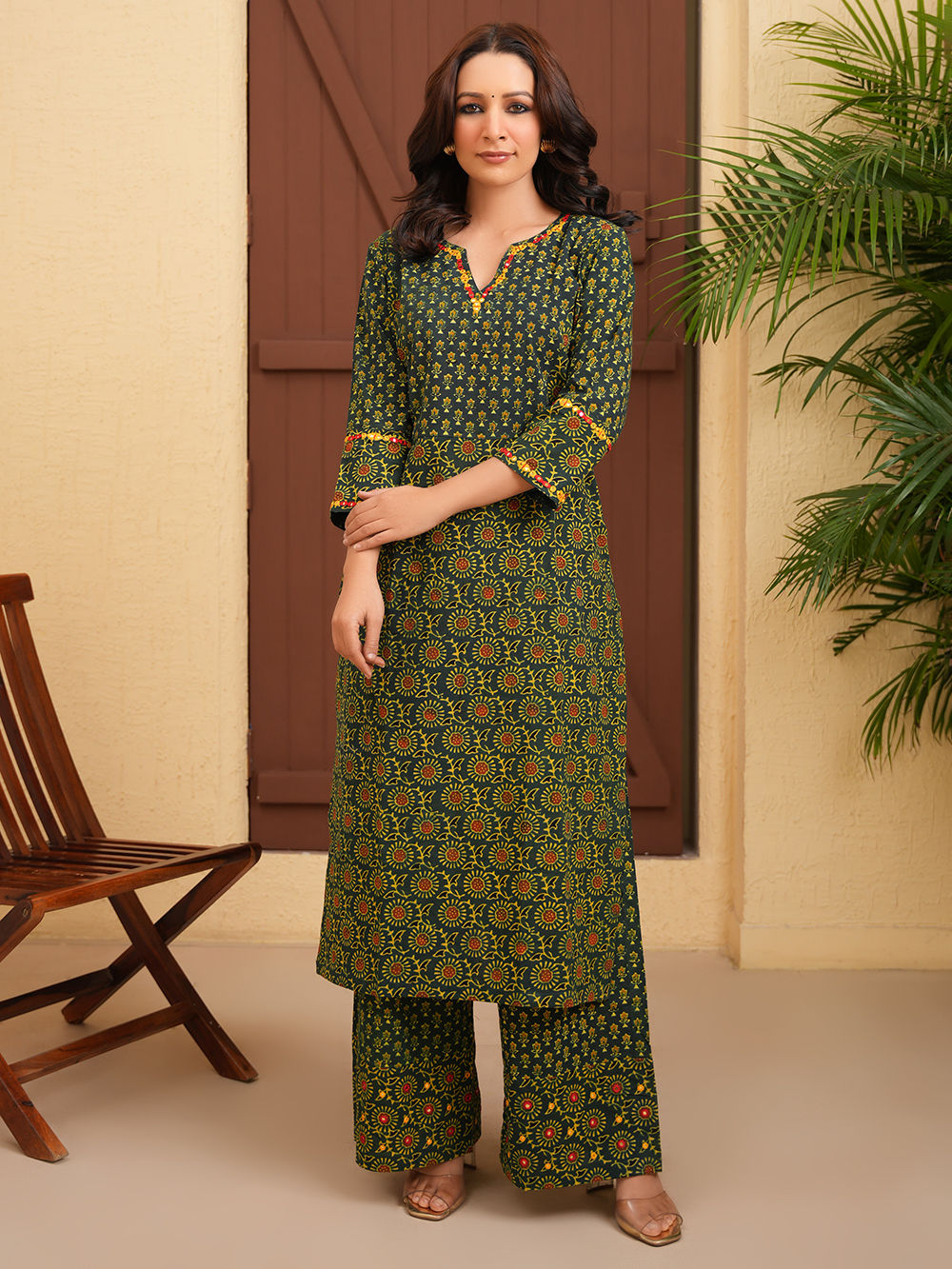 Women Pista Green Ajrakh Hand Block Cotton Printed Straight Kurta - Noor main image 0