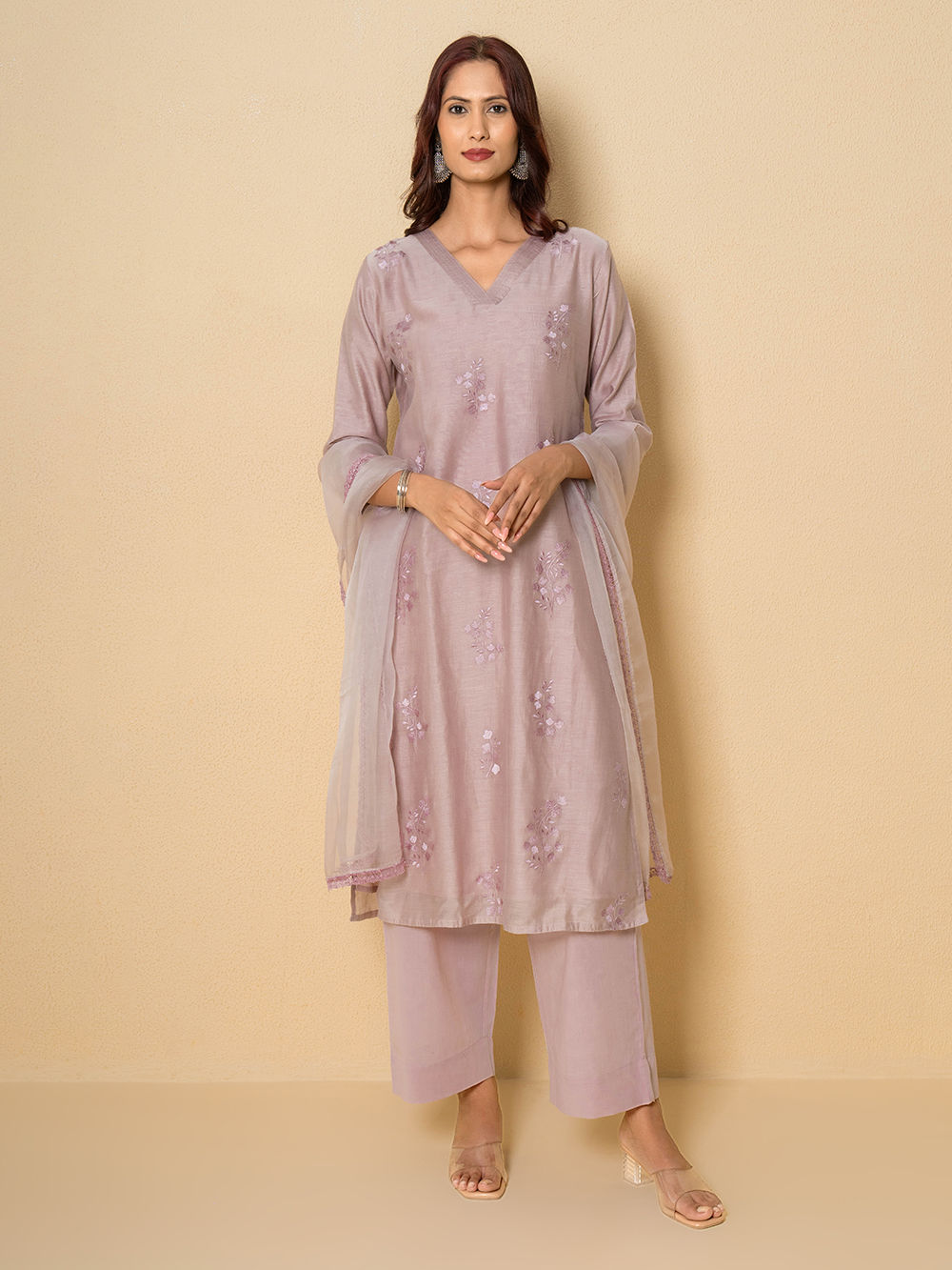 Chanderi embroidered suit set for women with cotton lining, matching bottom and dupatta