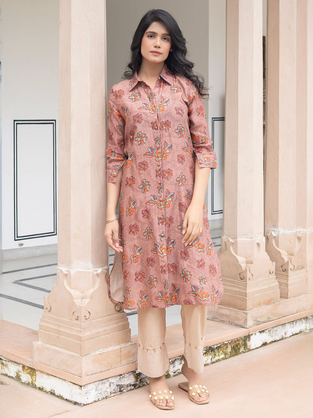 Elegant Block Print Modest Chanderi Silk Block Printed Kurti With Stitch Lines Detailed Yoke (Optional Pants)