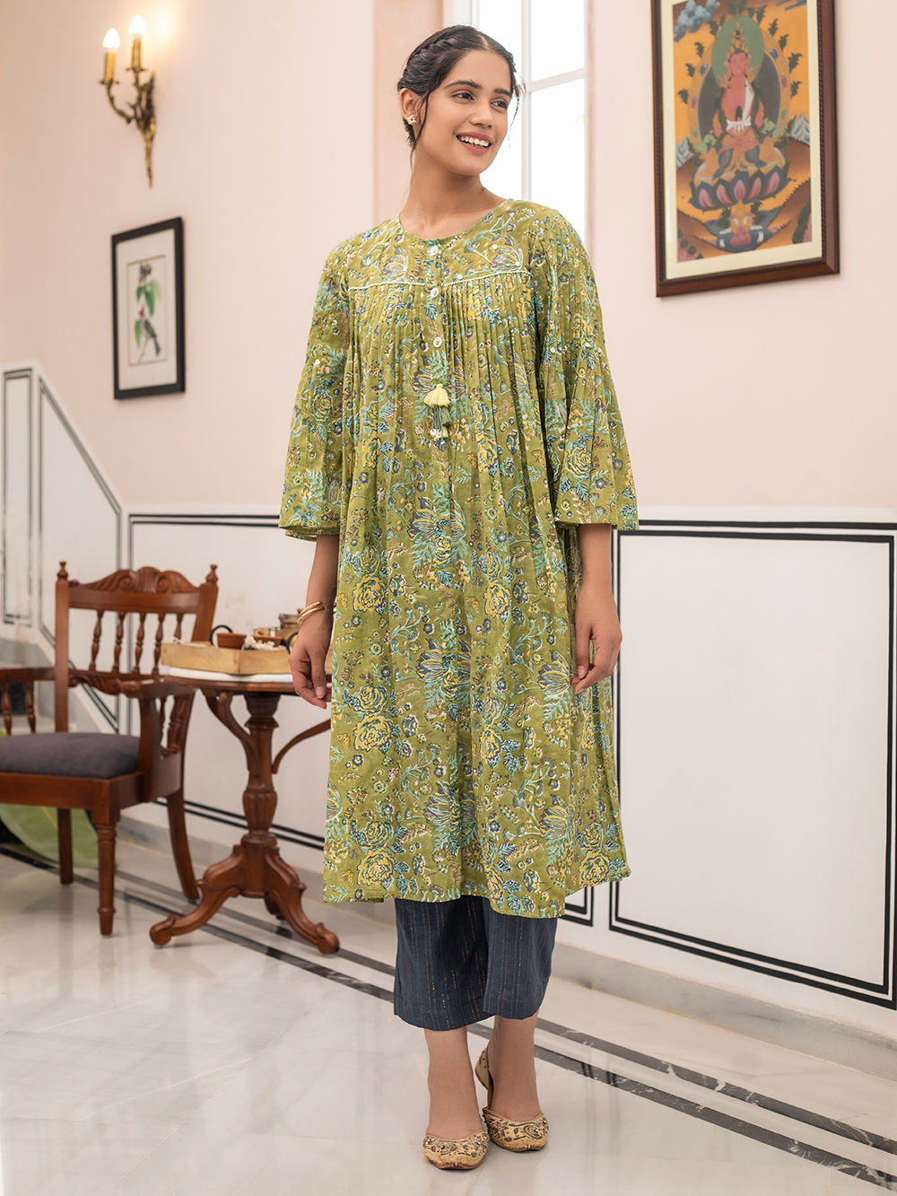 Green - Akola Block Printed Cotton Straight Long Kurta