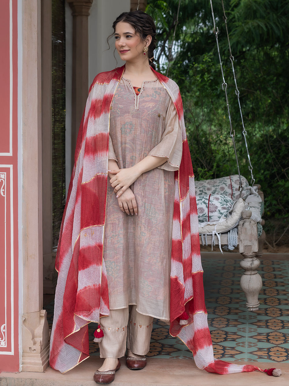 BEIGE & GREEN CHANDERI COTTON SUIT SET