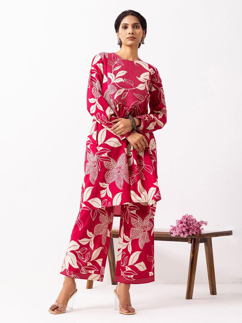 Bagh Red Hand Block Printed Cotton Kurta with Pants - Set of 2
