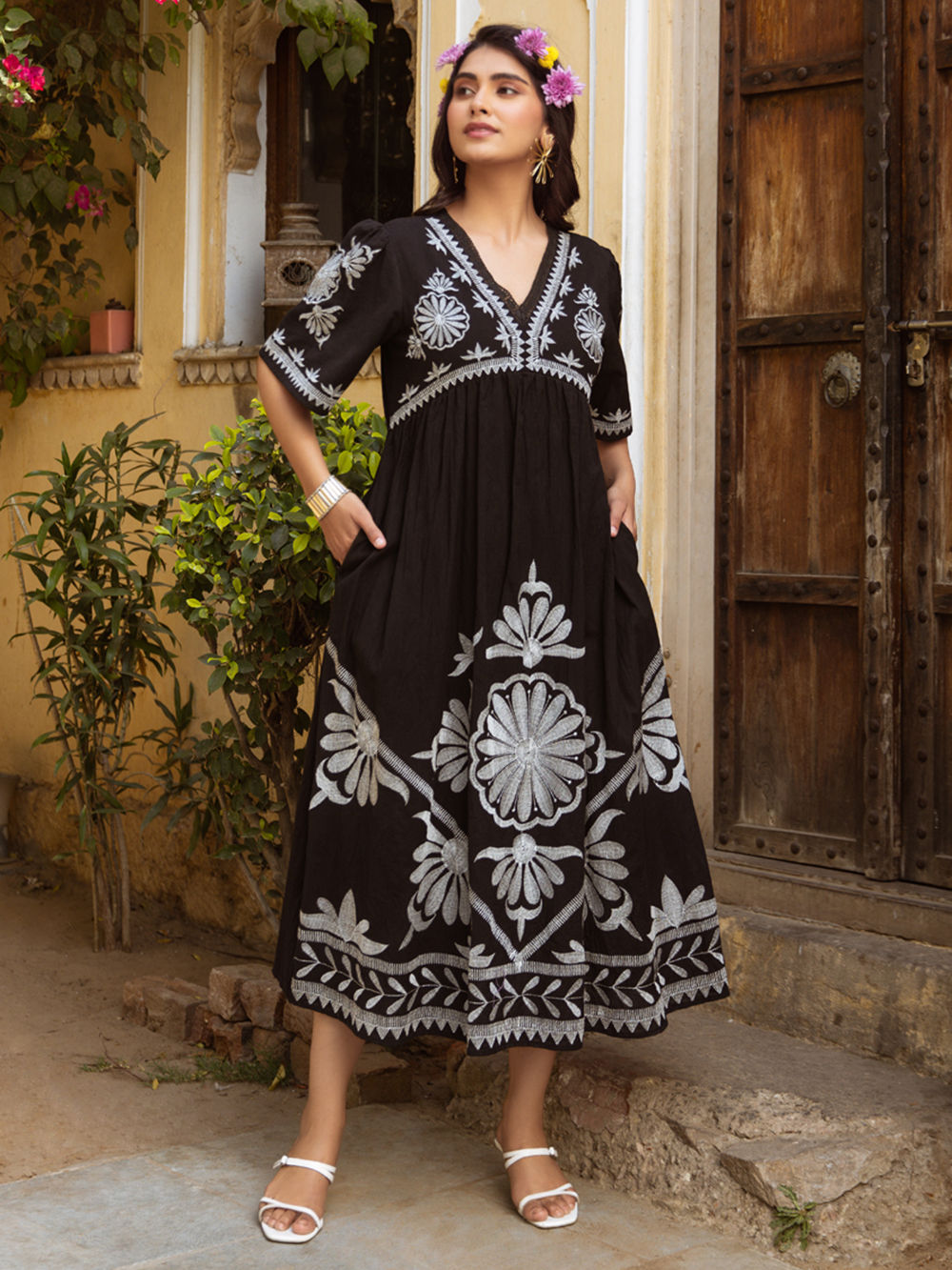 Rust Embroidered Cotton Dress
