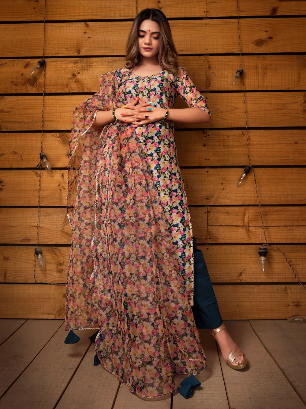 Plus Size Green Printed Cotton Suit Set