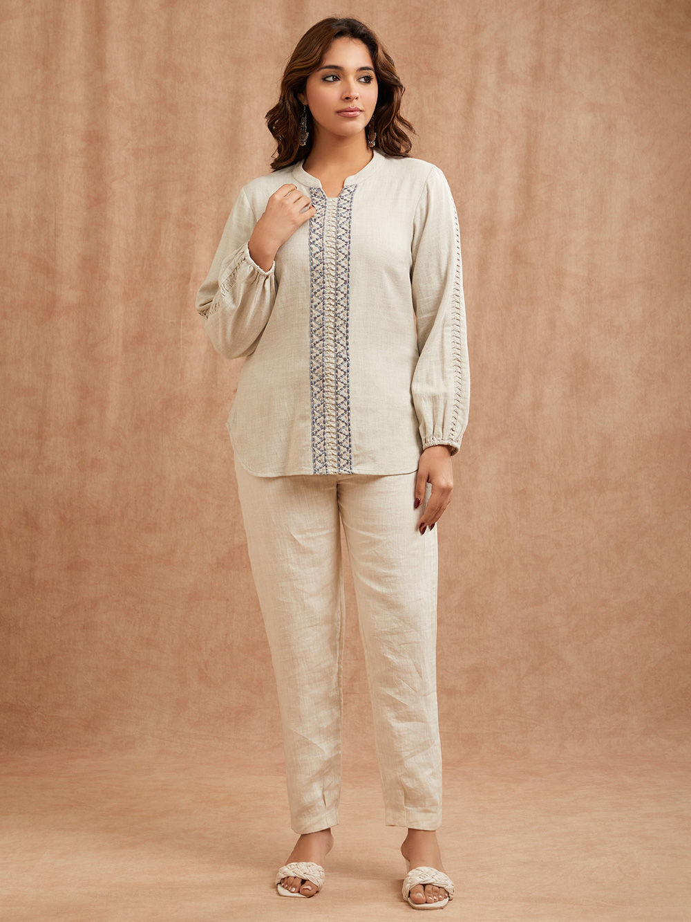 Sky Blue Hand Block Printed Woolen Phiran