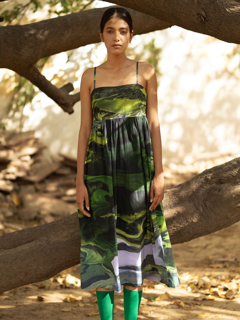 Green Printed Upcycled Poplin Dress Green Printed Upcycled Poplin Dress