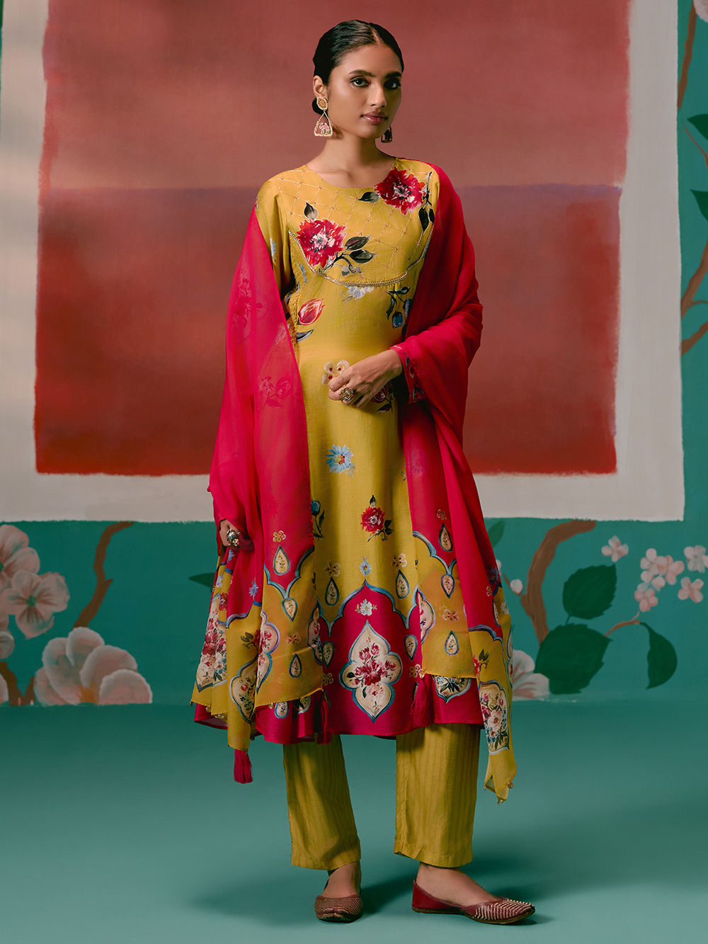 Mustard Floral Printed Viscose Salwar Suit With Beads Work