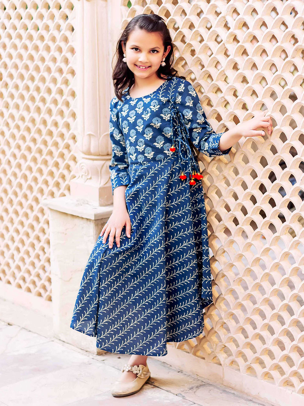 White Printed Handloom Cotton Dress with Shrug- Set of 2