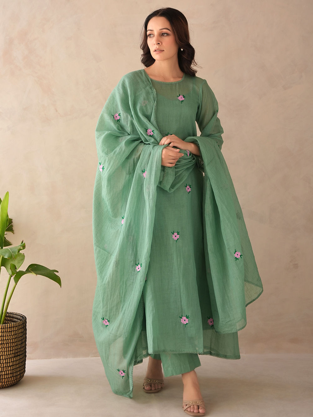 Lilac Cotton Floral Print Embroidered Semi formal Kashmiri Suit With Kota Doria Duppata