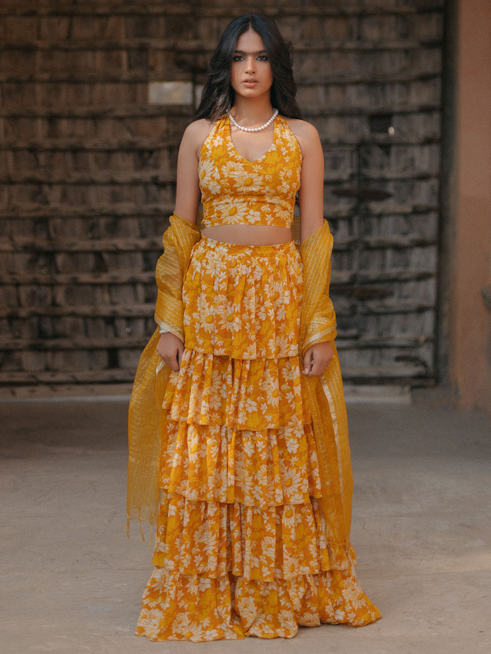Elegant Mustard Floral Embroidered Organza Shimmer Silk Suit Top, Bottom & Dupatta Set