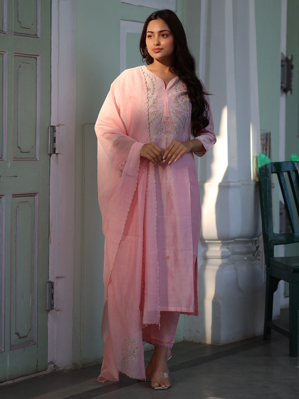 Rust Zardozi Hand Embroidered Handloom Chanderi Silk Suit- Set of 3