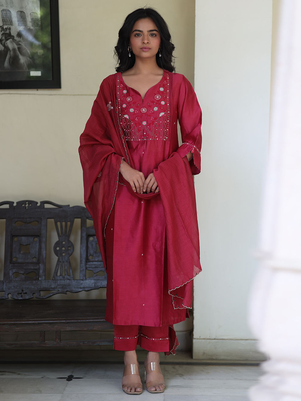 Handloom Chanderi Stitched Suit with Resham Gold Weave Floral Pattern main image 1