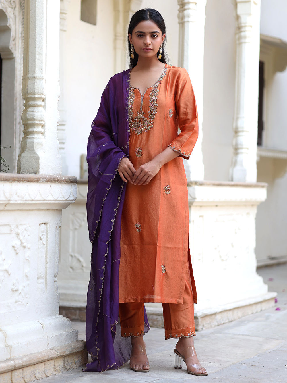 Rust Zardozi Hand Embroidered Handloom Chanderi Silk Suit- Set of 3