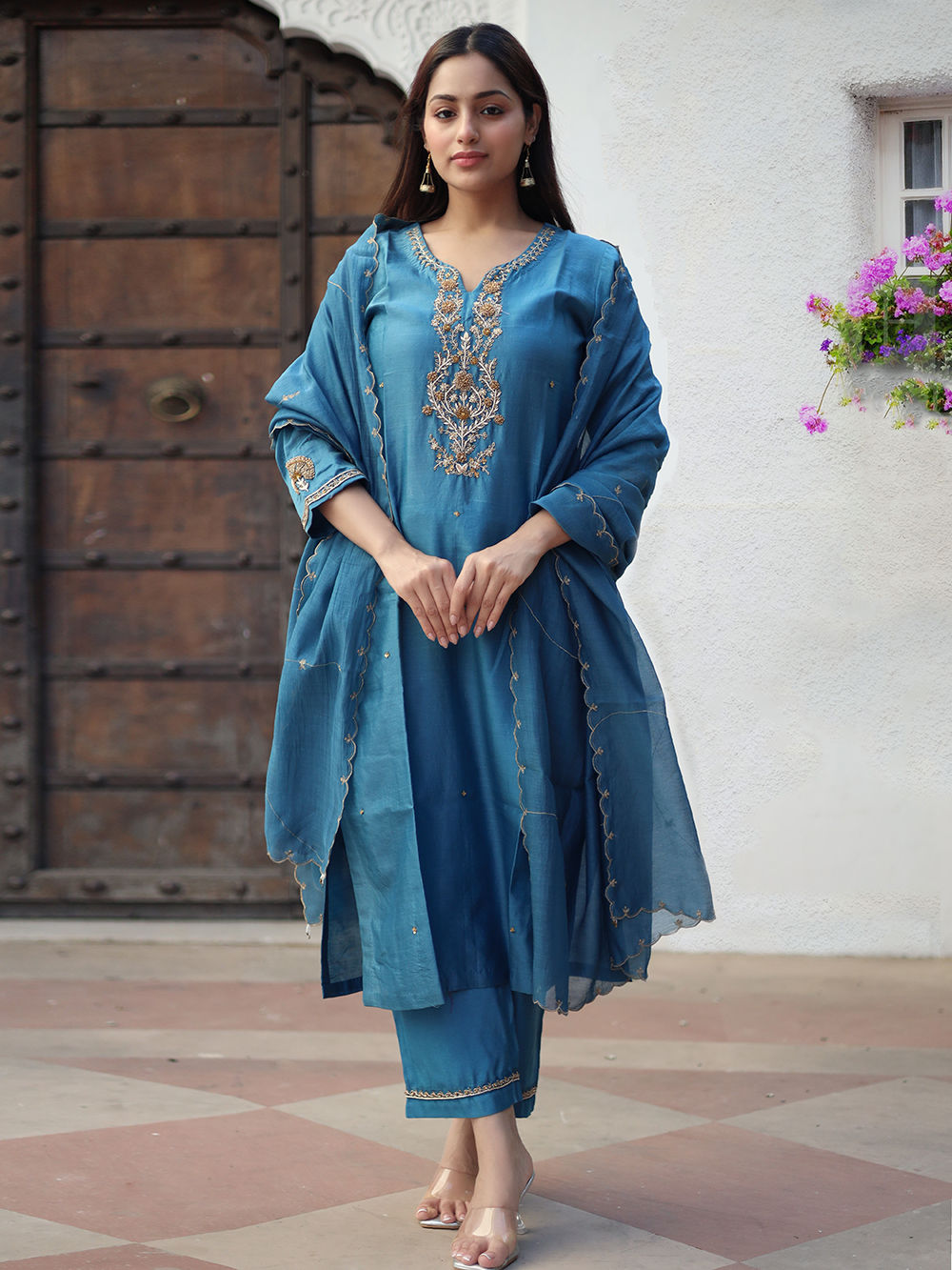 Elegant Prussian Blue Embroidered Chanderi Silk Suit Set main image 1