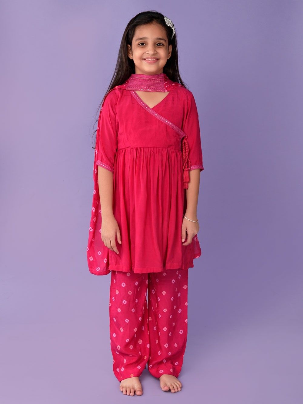 Purple Bandhani Muslin Kurta Set with Lace Work main image 1