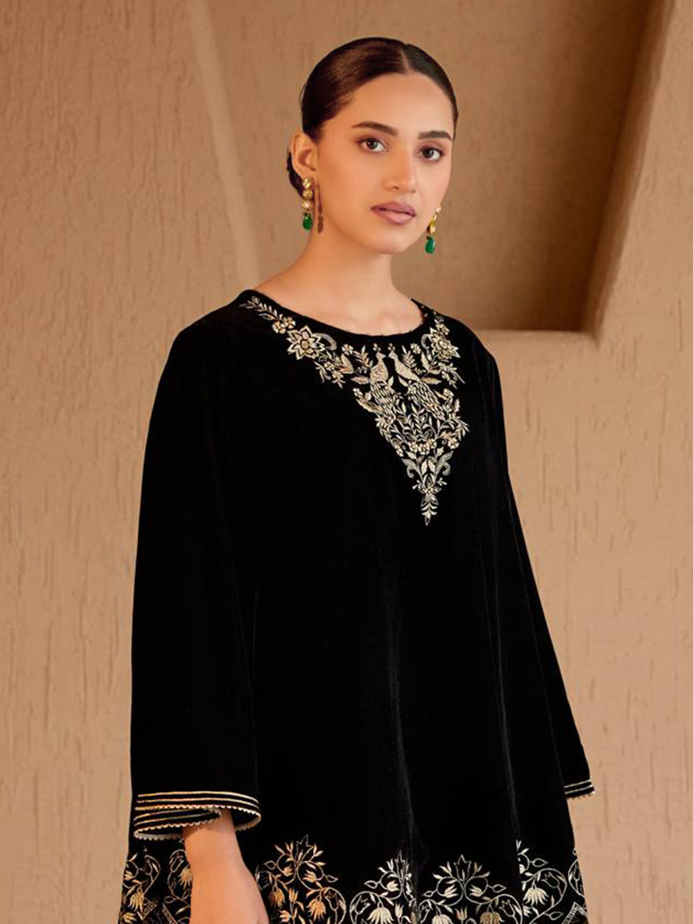 Black Velvet Embroidered Straight Kurta & Pants Set