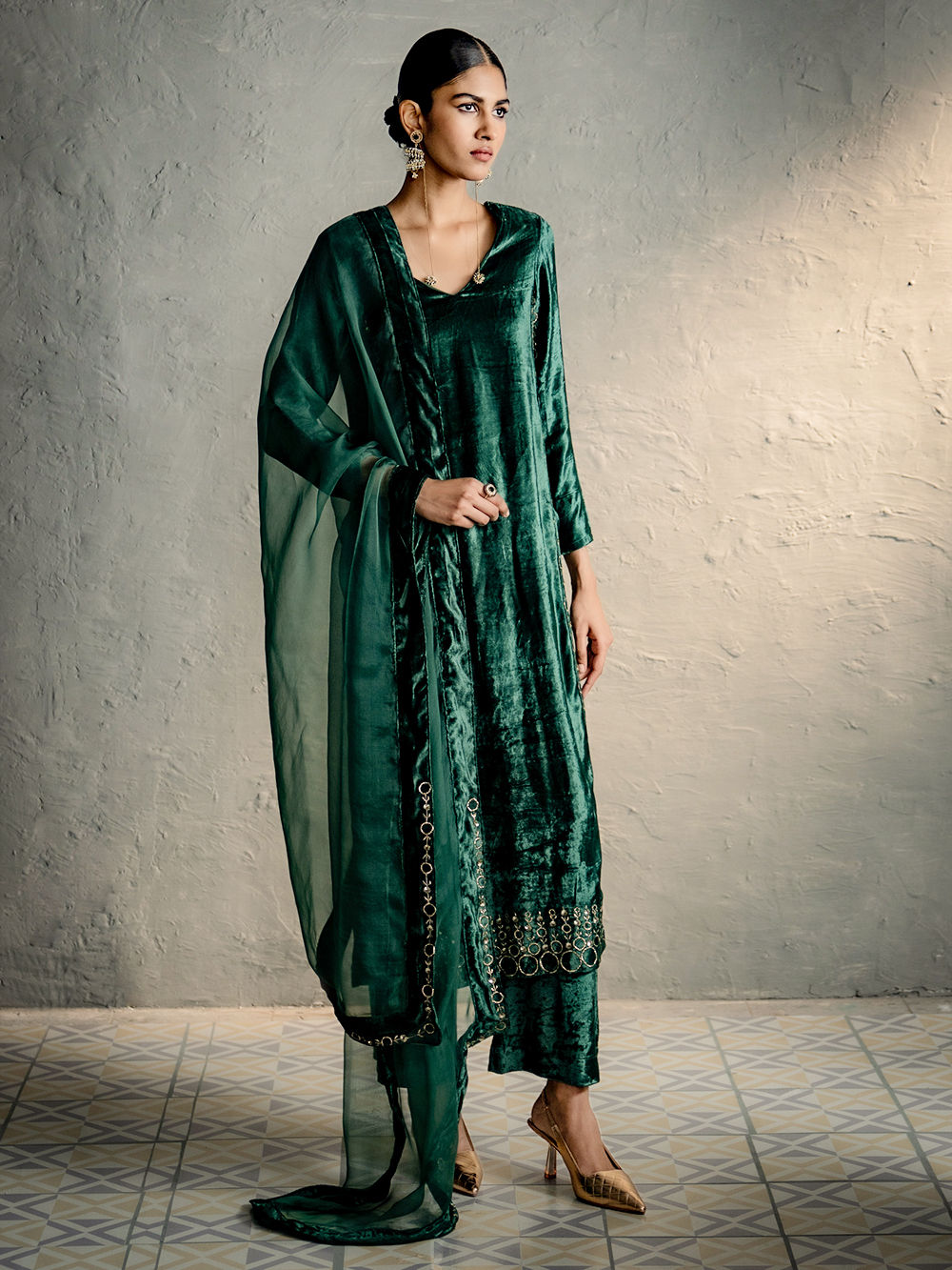 sachin and babi light blue dress Afghan Pistachio Green Velvet Dress  Handmade with Mirror & Charm  Embroidery