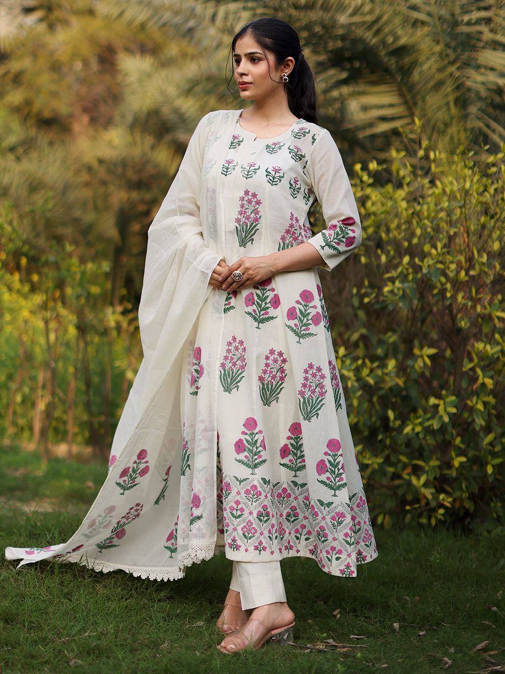 Ivory Cotton Jacquard Tunic with Pants - Set of 2