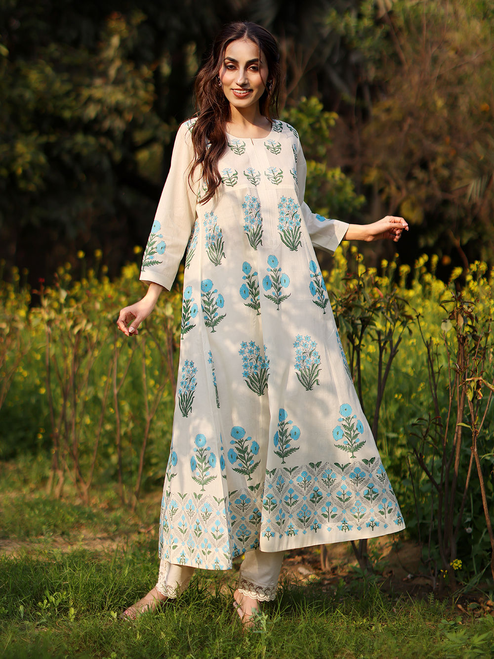 Ivory Cotton Jacquard Tunic with Pants - Set of 2