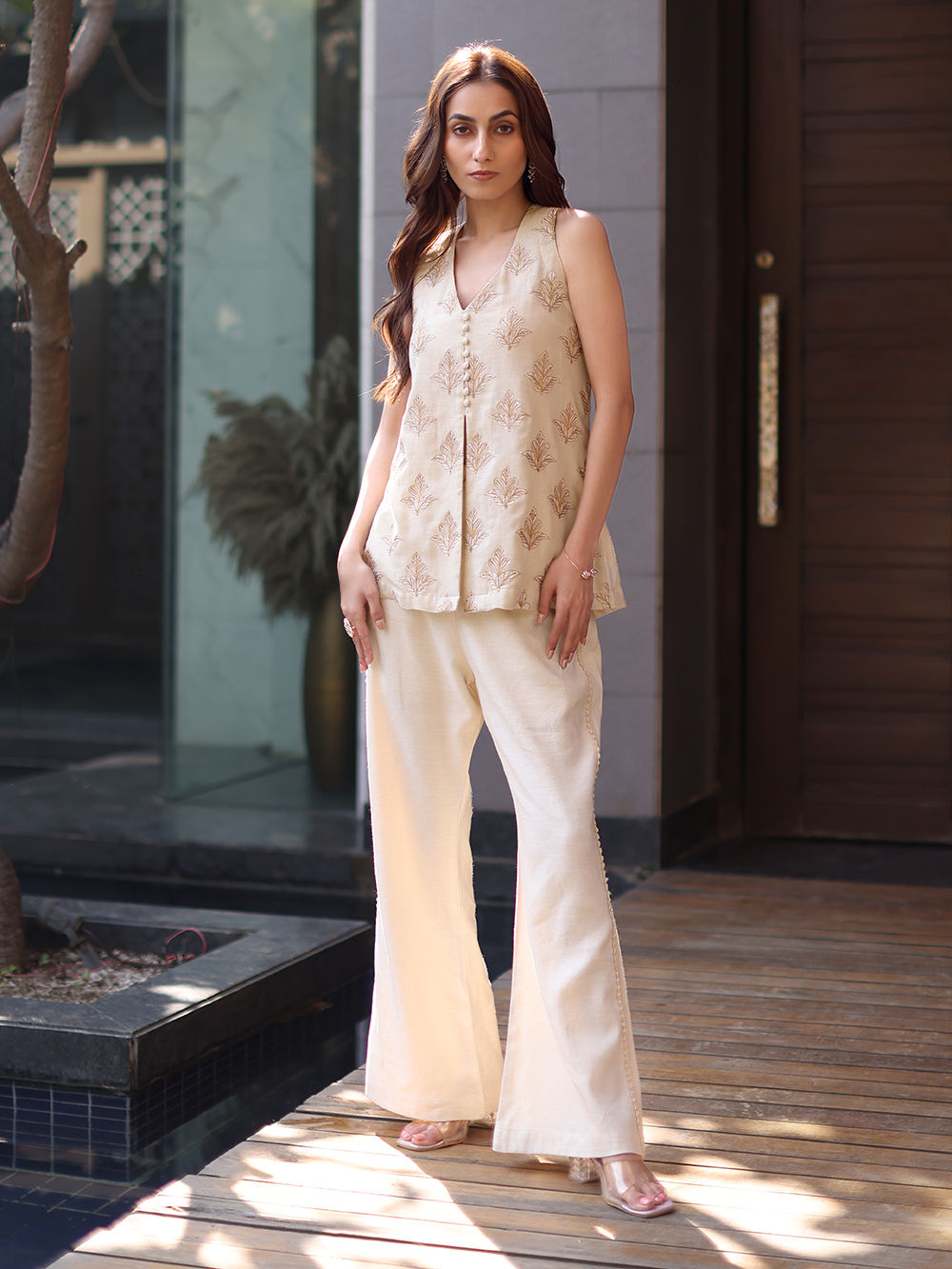 Ivory Cotton Jacquard Tunic with Pants - Set of 2