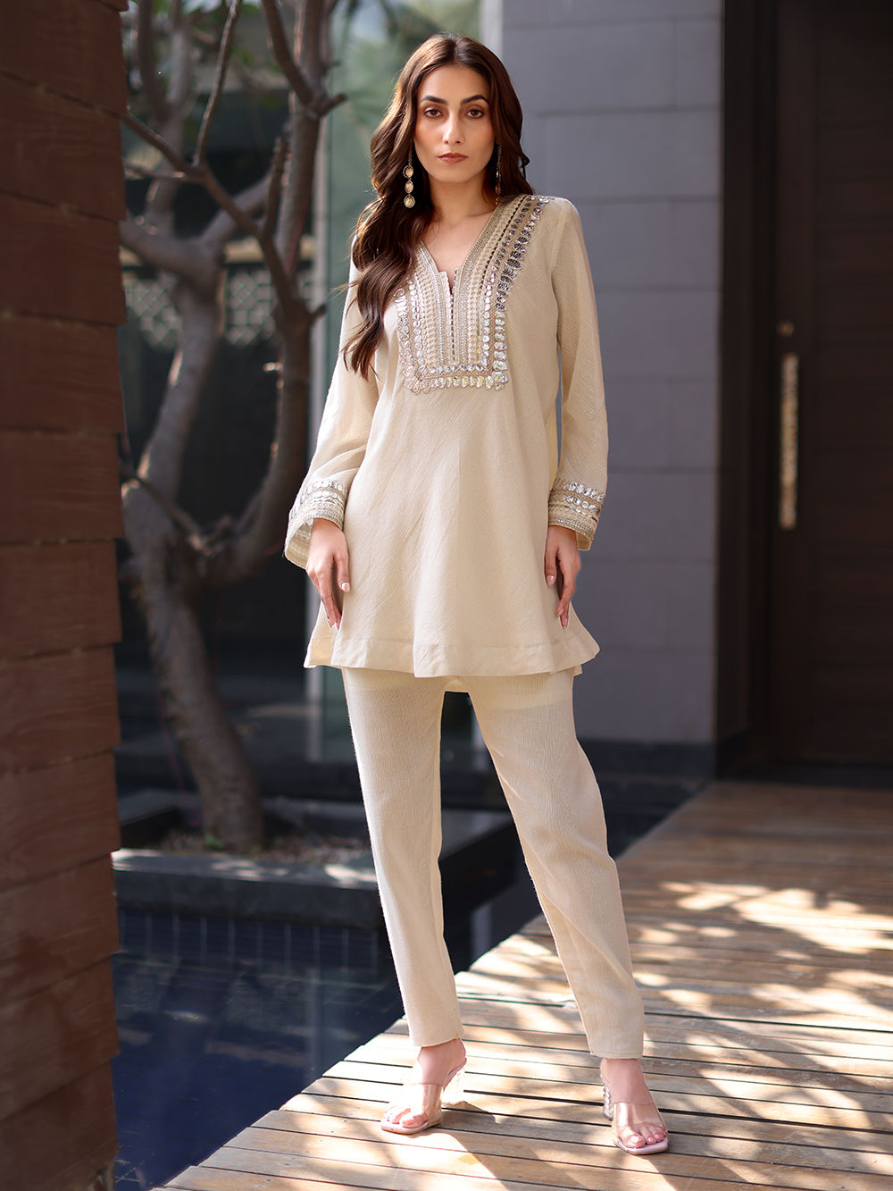 Ivory Cotton Jacquard Tunic with Pants - Set of 2