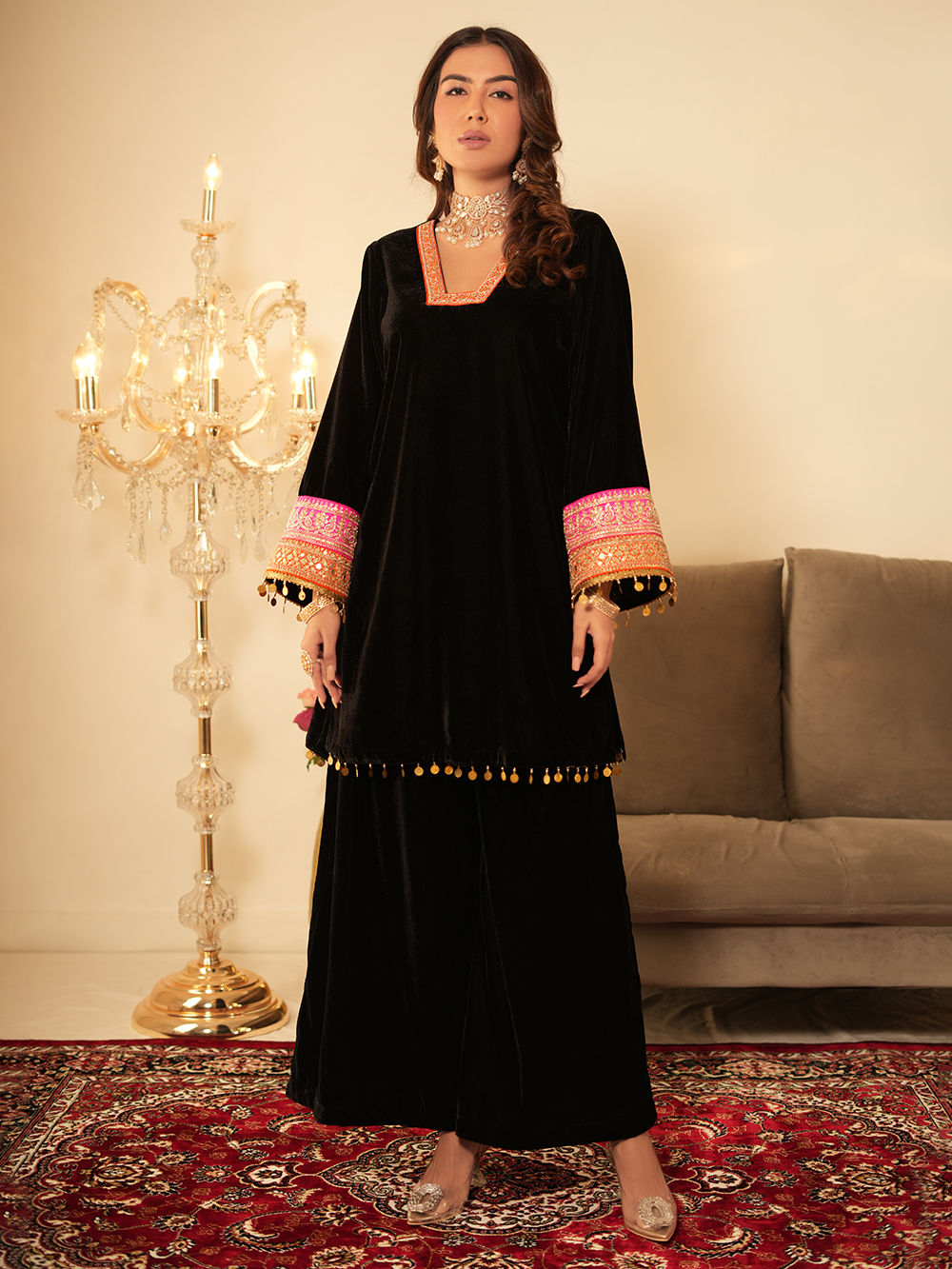 Utsaah Red And Green Velvet Gotta Kurta Set