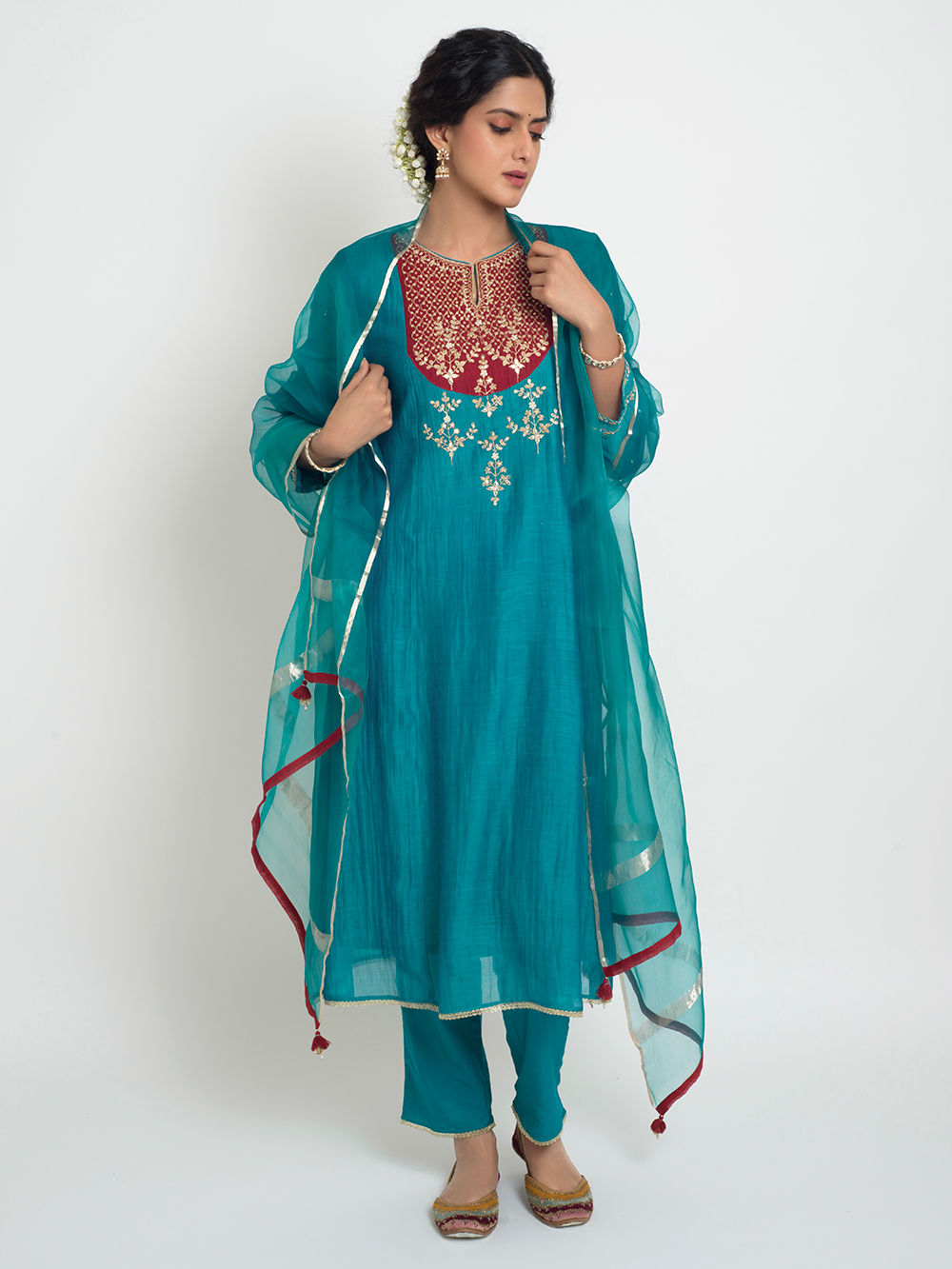 Elegant Prussian Blue Embroidered Chanderi Silk Suit Set