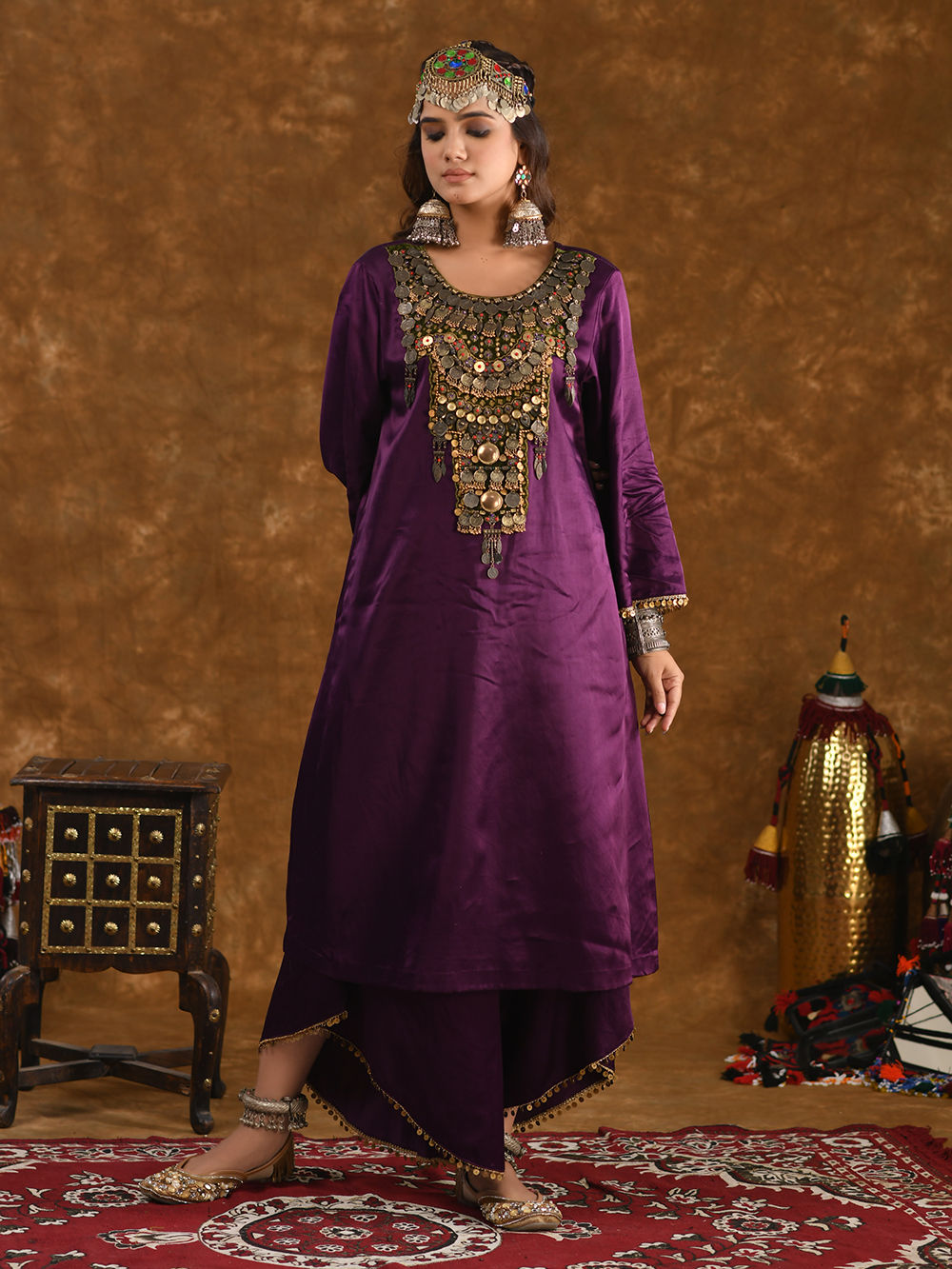 Red - Plain Mashru Silk with Patchwork Floral A-Line Kurta